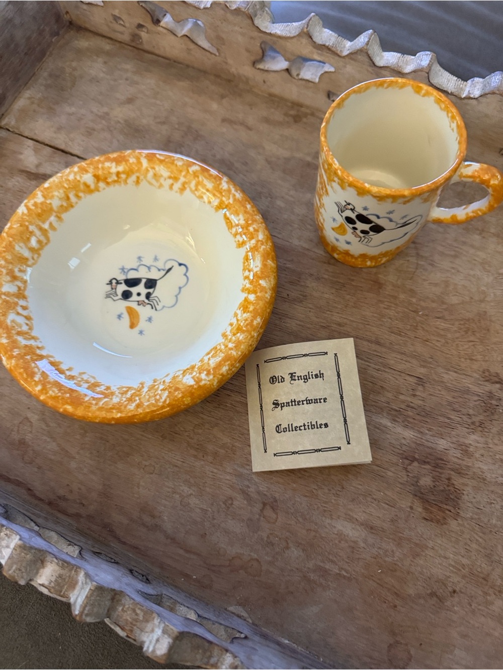 Molly Davis spatter ware Bowl and Mug Set with Cow jumped over the moon Motif.